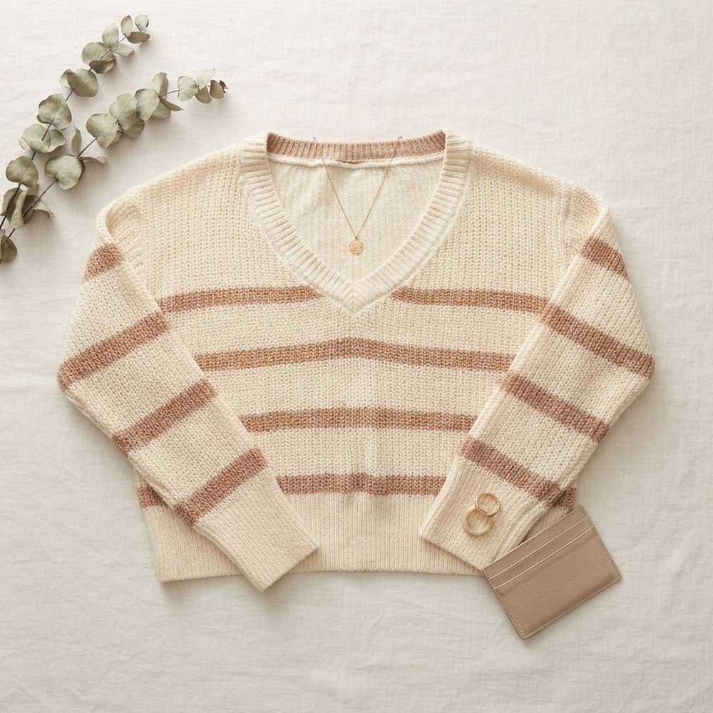 Faherty V-Neck Sweater Womens Large Cream Tan Striped Linen Cotton Coastal Boho